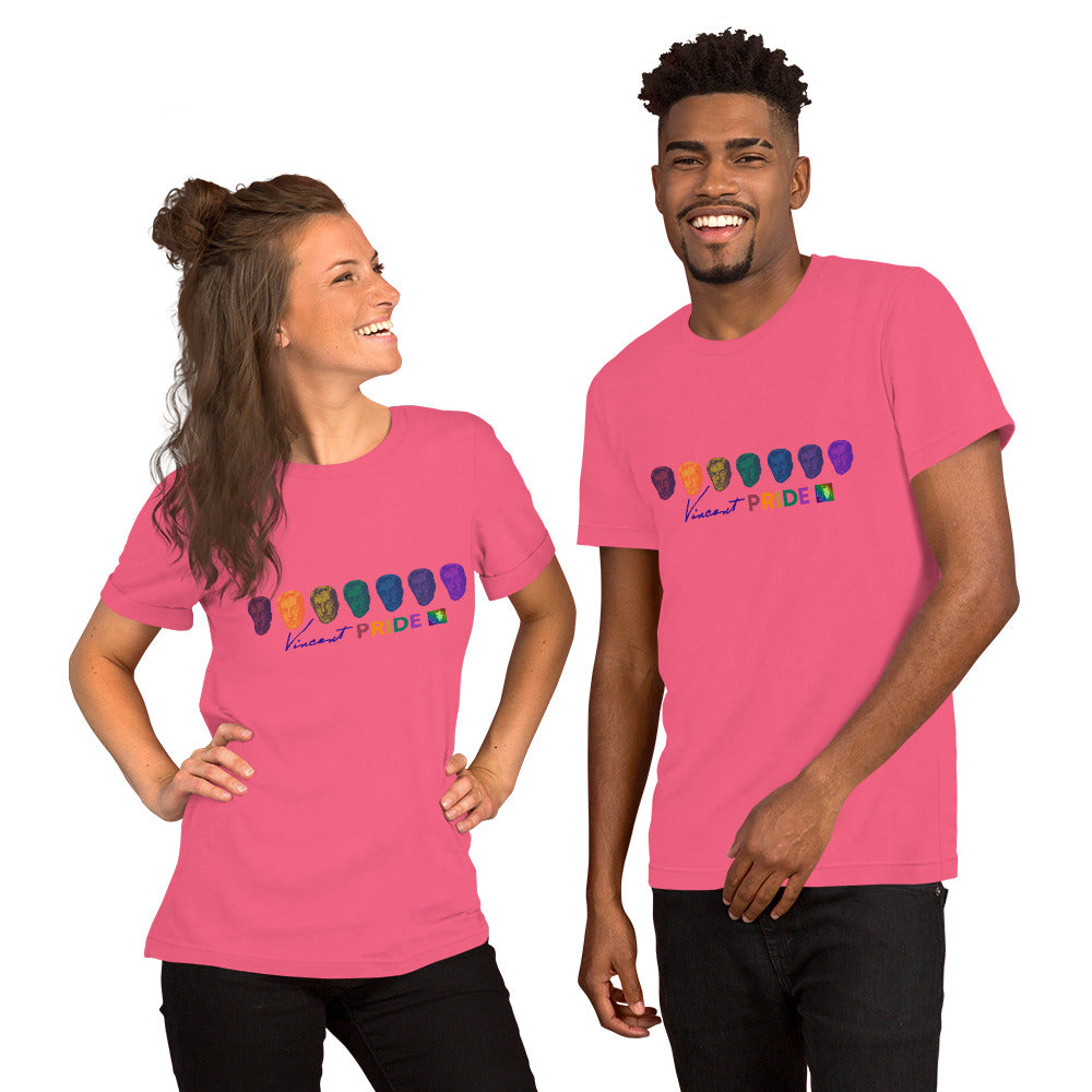Two people wearing pink t-shirts with a printed message on a white background