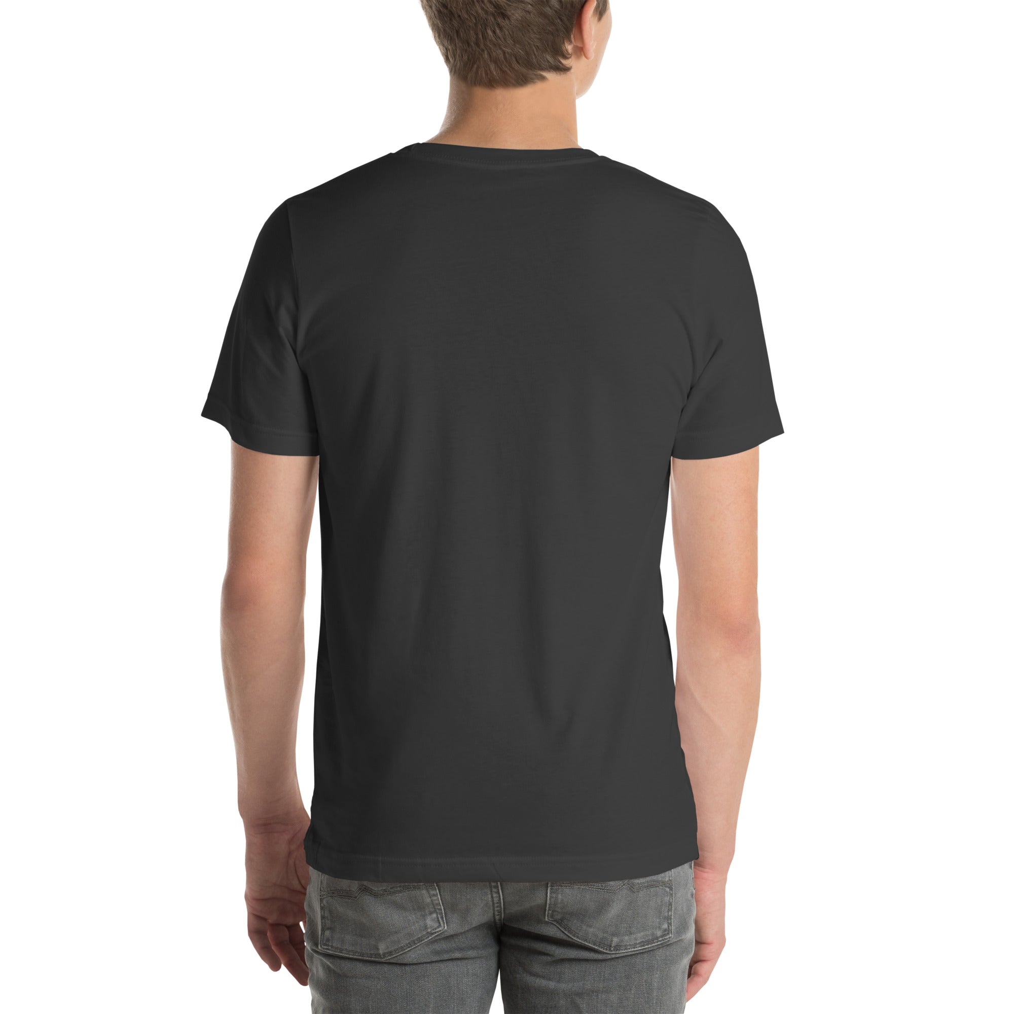 Person wearing a plain black t-shirt on a white background