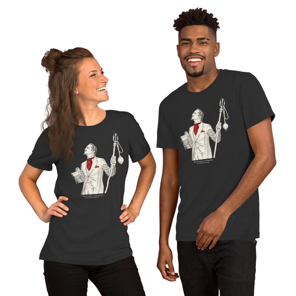 A man and a woman modeling matching dark grey graphic t-shirts against a plain white background. The shirts feature a white and red illustration of Vincent Price holding a trident with a text 'THE PRINCE OF DARKNESS IS A GENTLEMAN.'