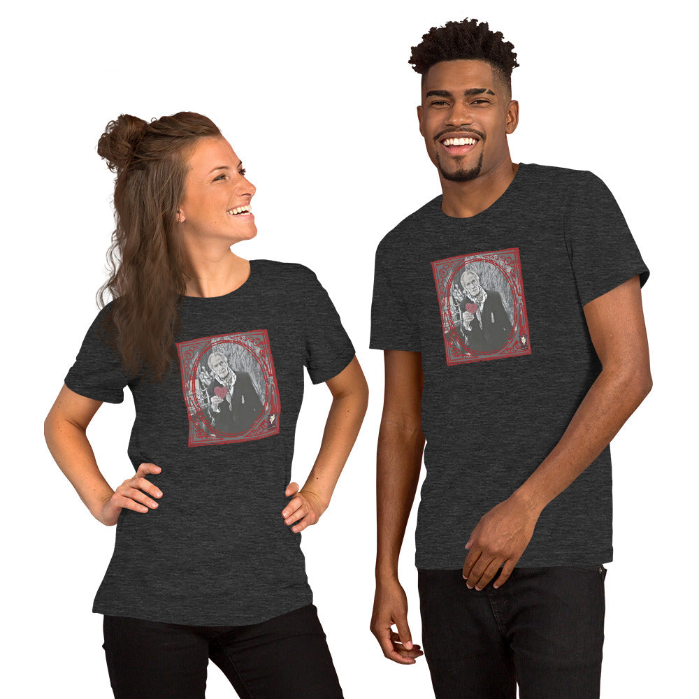 Two people wearing dark gray t-shirts with colorful text design on a white background