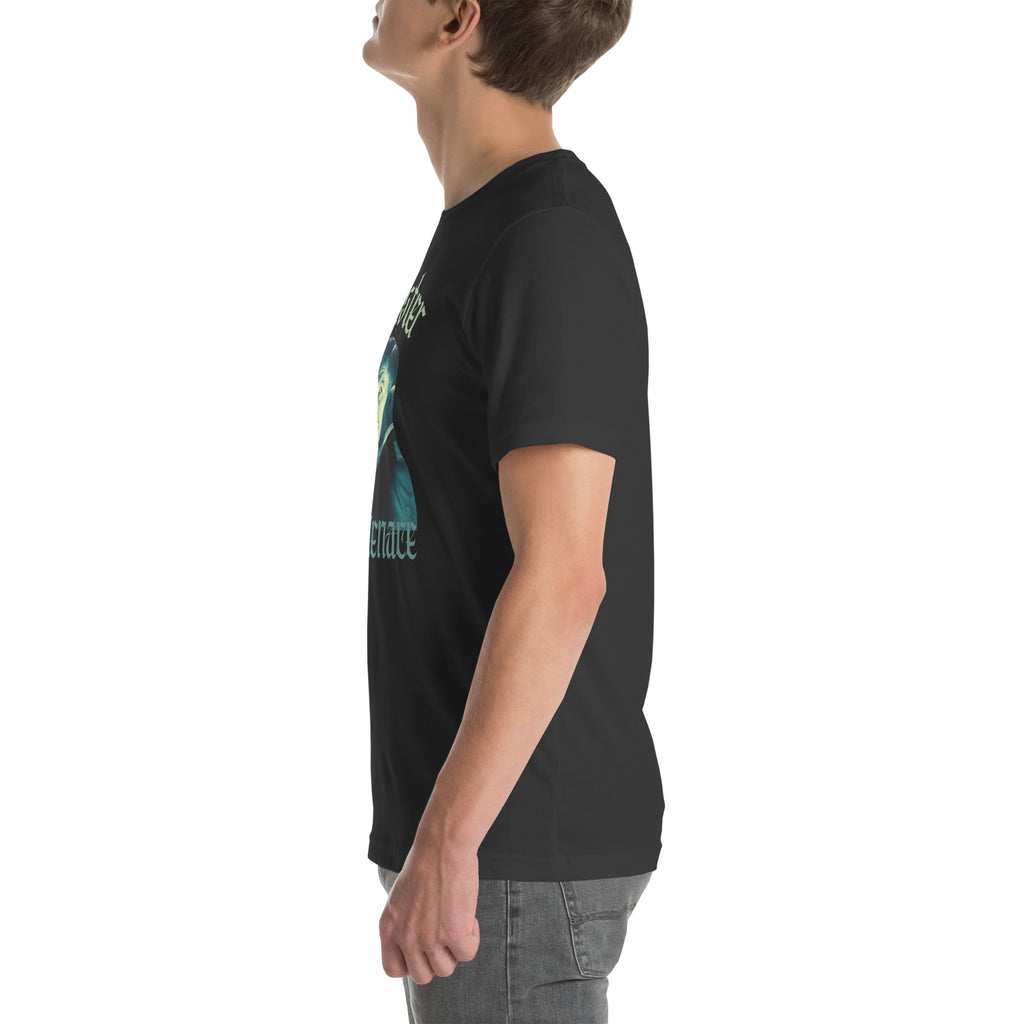 Person wearing a black t-shirt with a graphic design on a white background