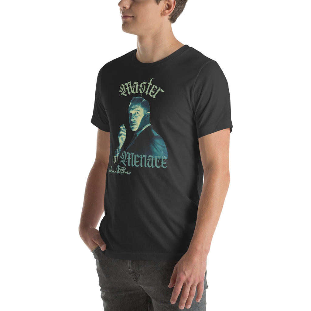 Person wearing a black t-shirt with a graphic design on a white background
