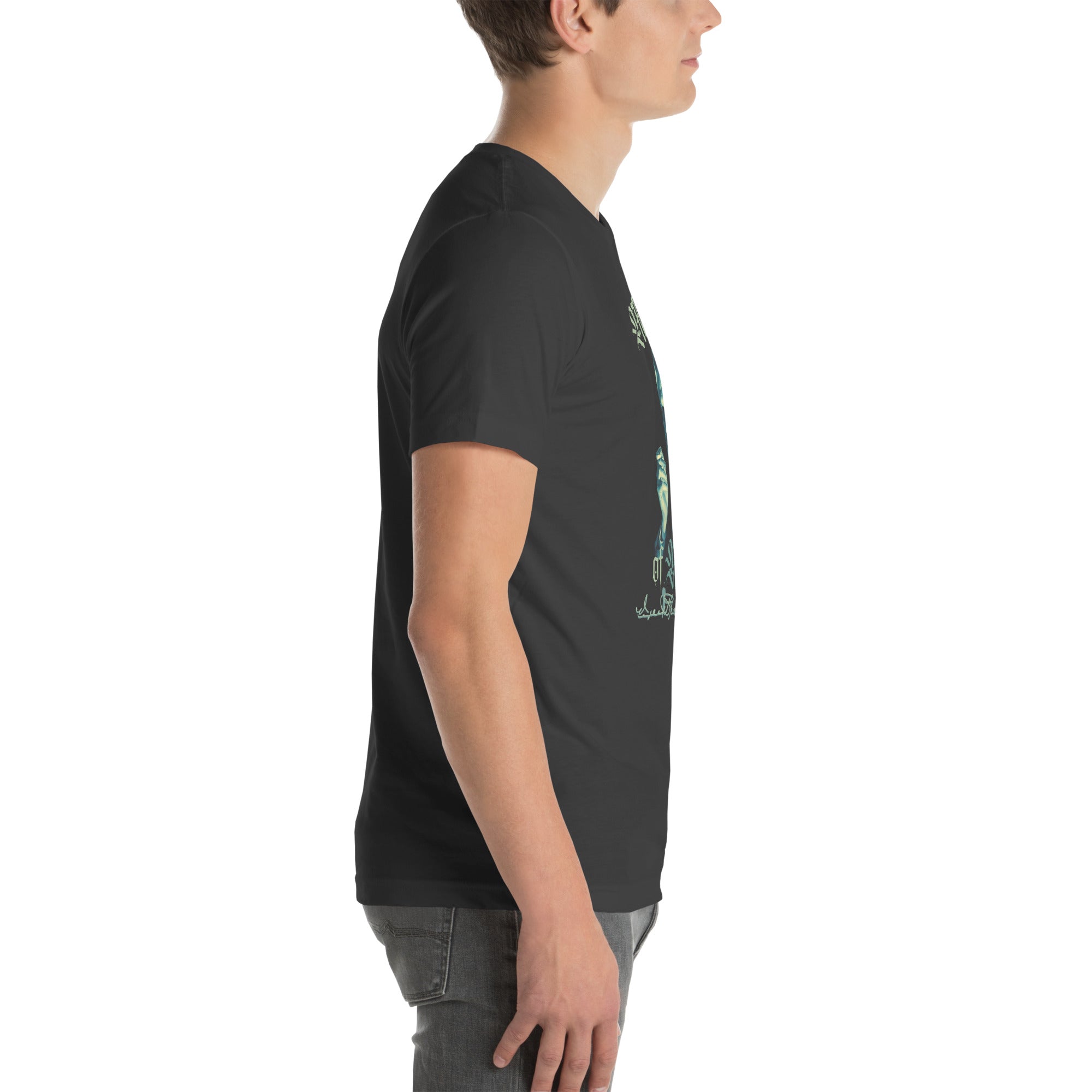 Person wearing a black t-shirt with a graphic design on a white background