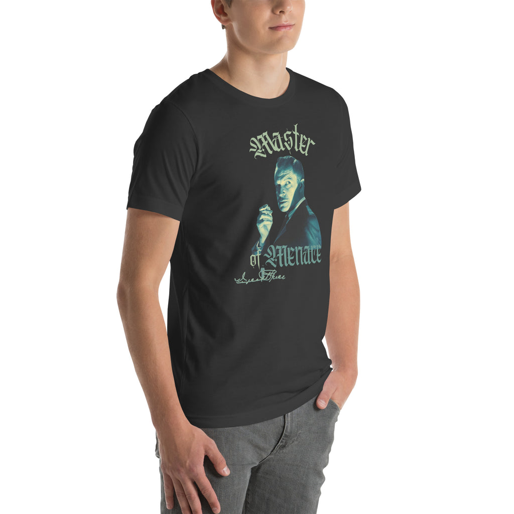 Person wearing a black t-shirt with a graphic design and text on a white background