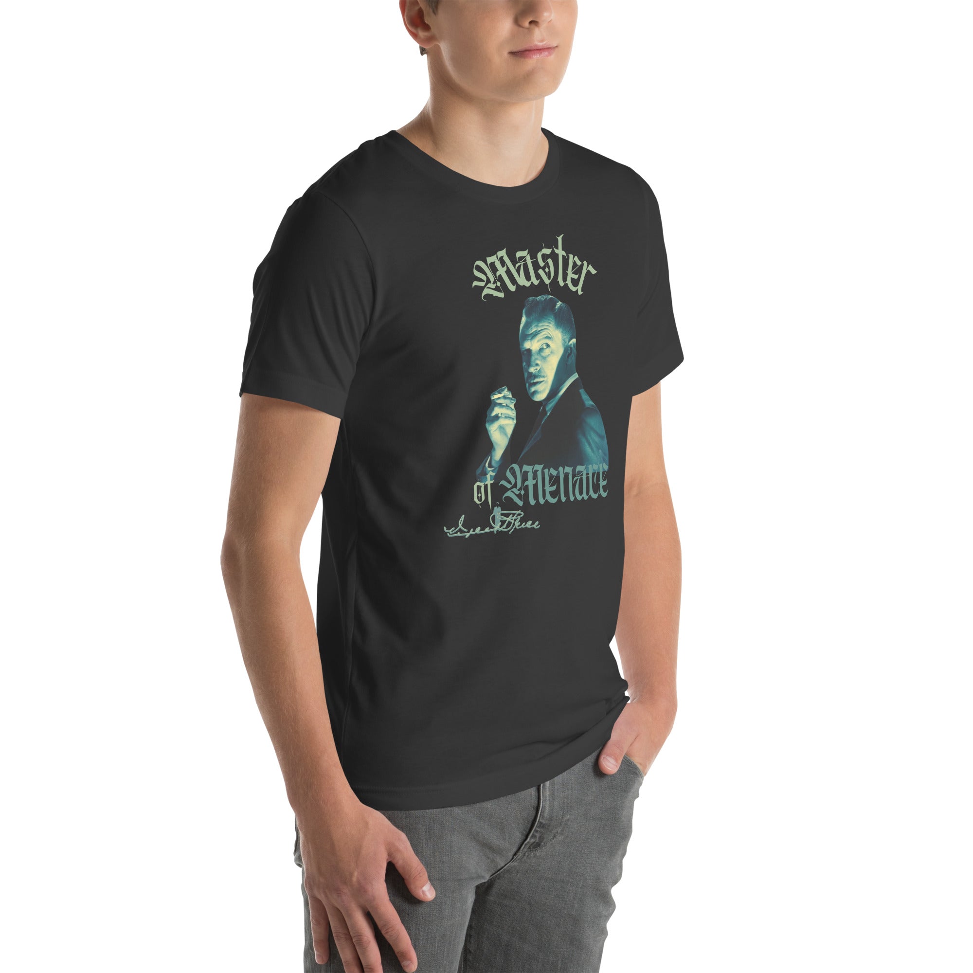 Person wearing a black t-shirt with a graphic design and text on a white background
