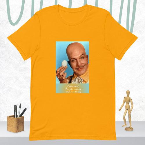 An orange unisex t-shirt featuring a black and white image of Vincent Price on the front.