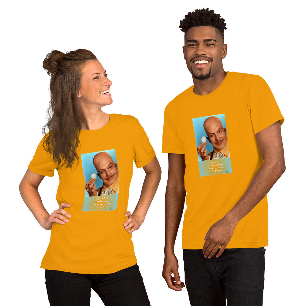 Two people wearing yellow t-shirts with a graphic of a bald man holding an egg.