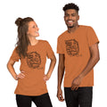 Two people wearing matching orange t-shirts with a graphic design on a white background