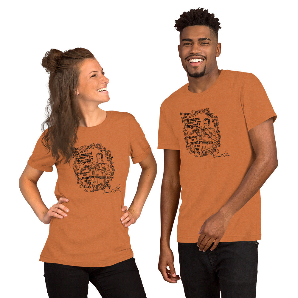 Two people wearing matching orange t-shirts with a graphic design on a white background