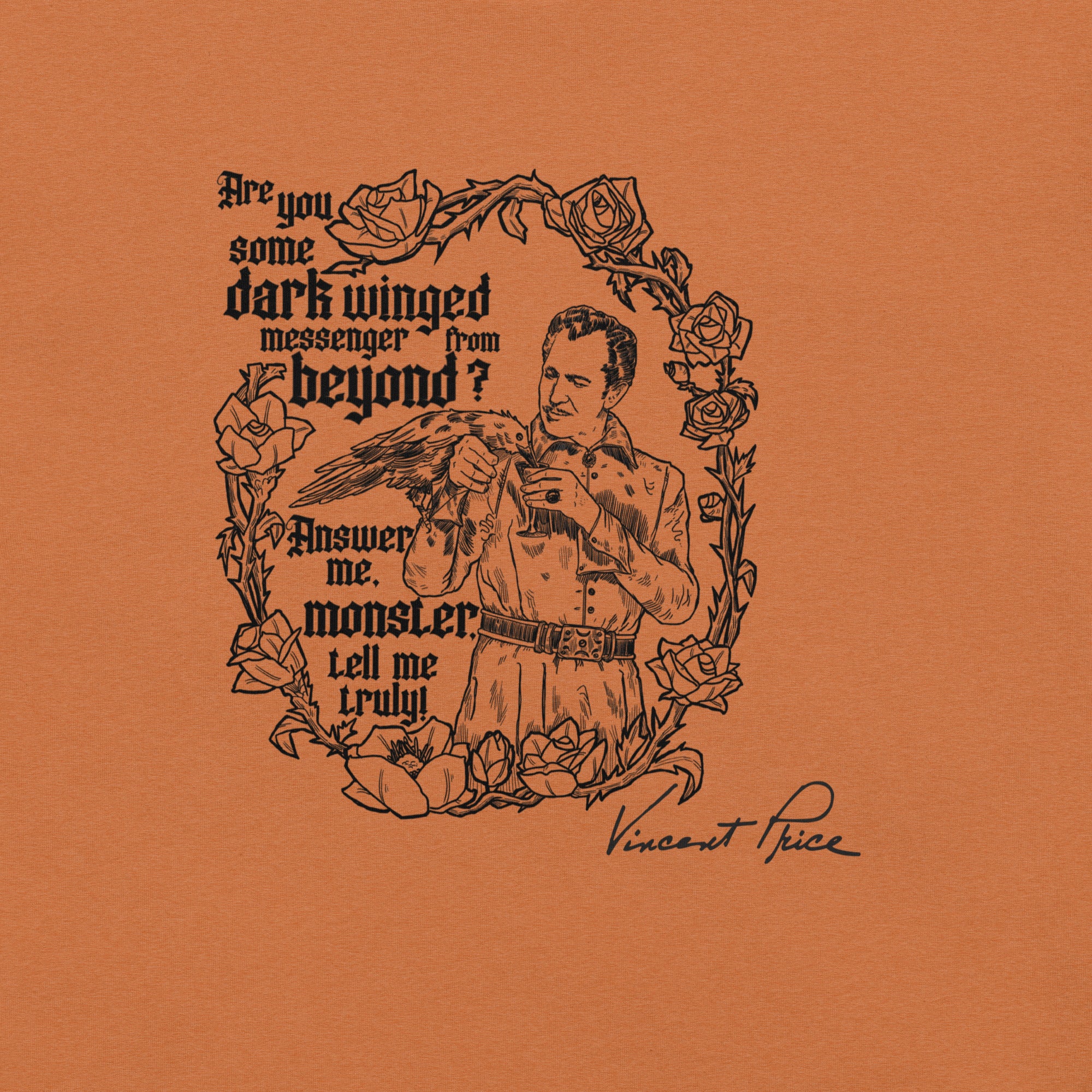 Illustration of a man holding a bird with text and floral elements on an orange background