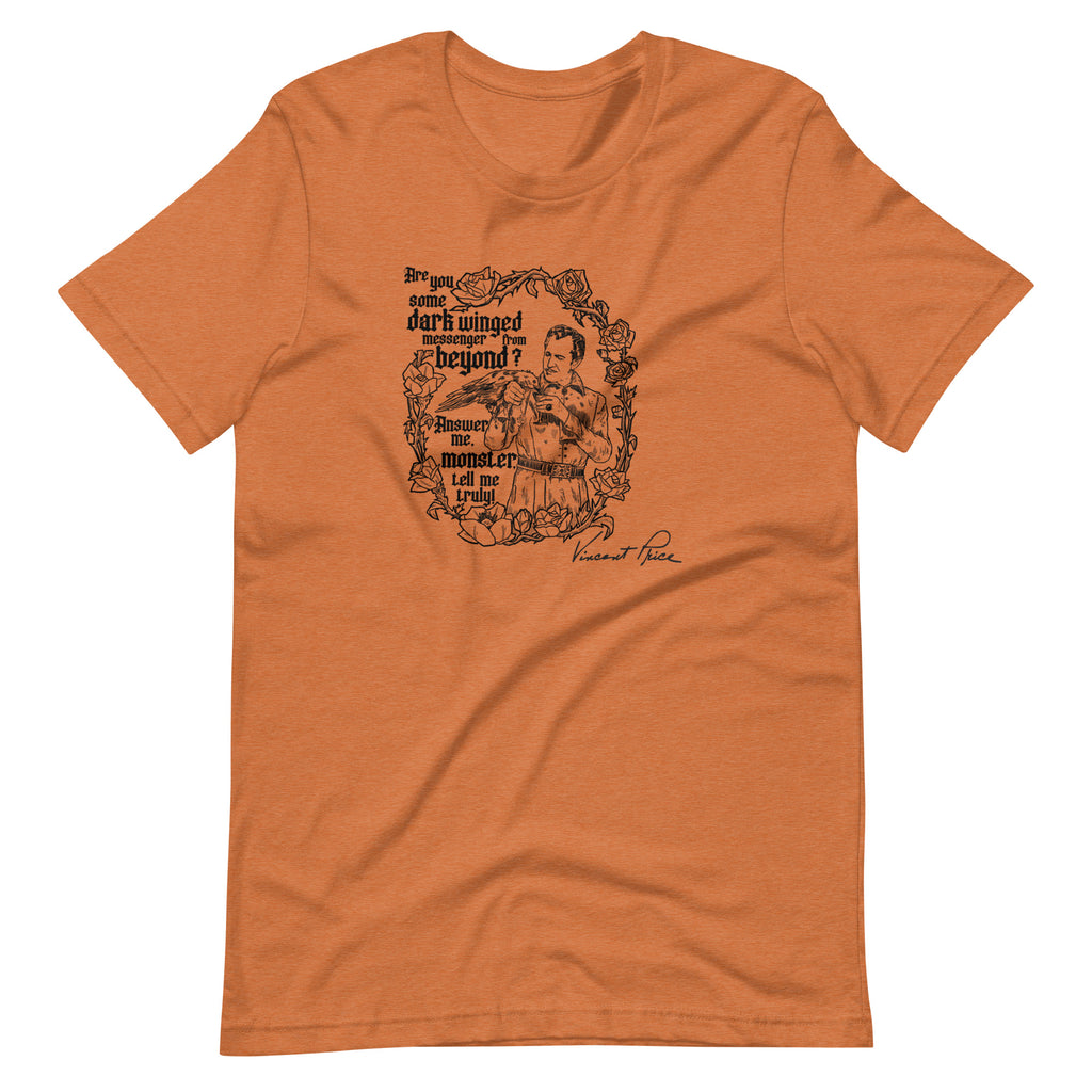 Orange t-shirt with black graphic design on a white background