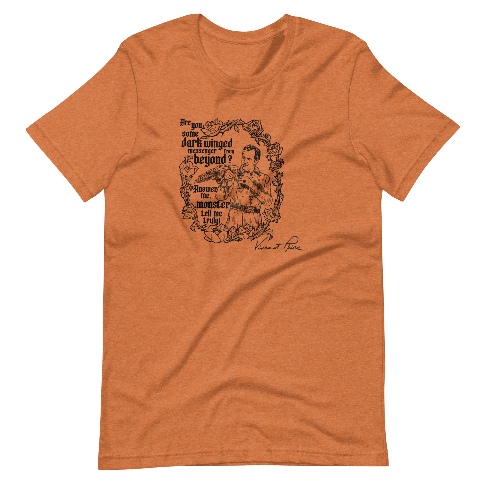 Orange t-shirt with black graphic design on a white background