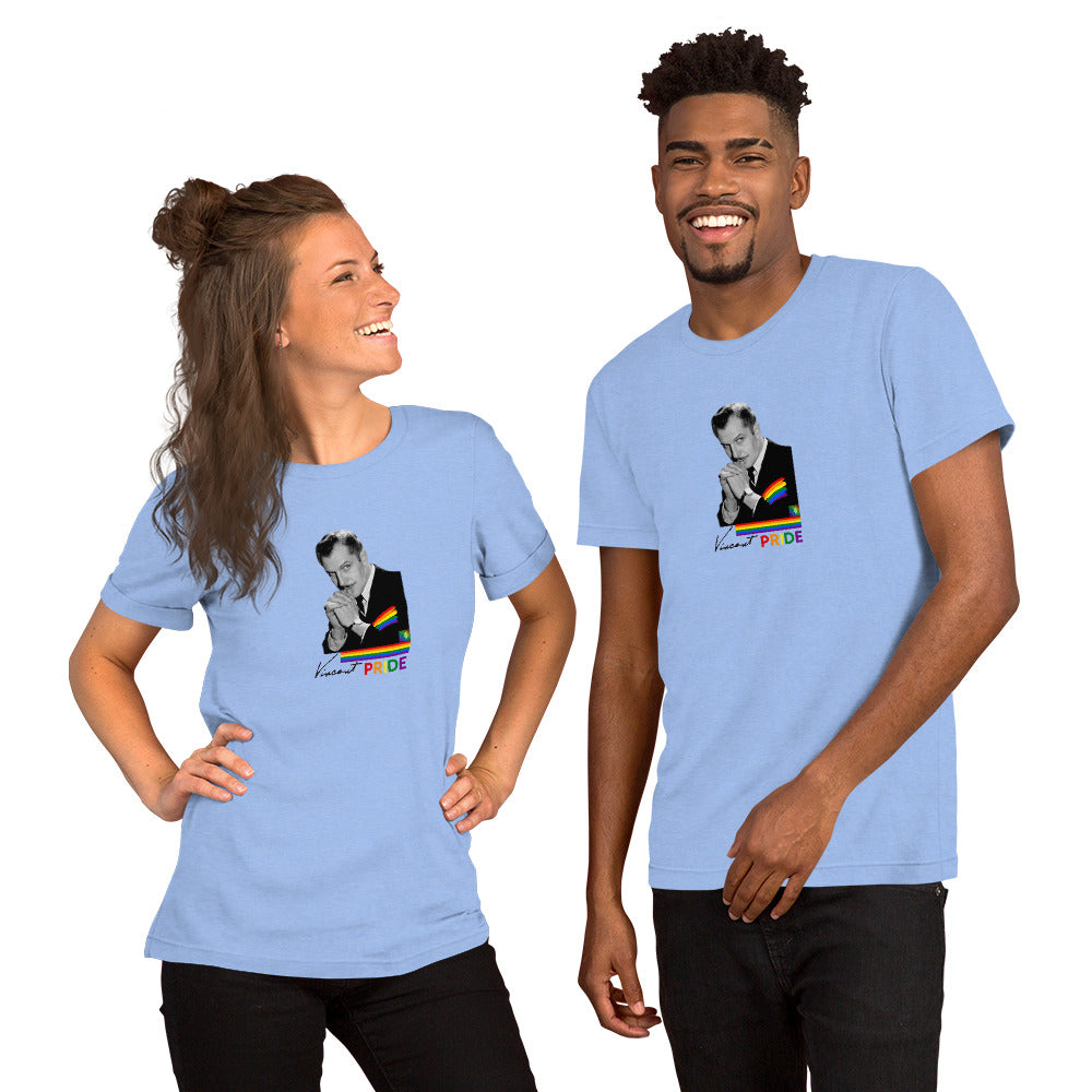 Two people wearing light blue t-shirts with a graphic design on a white background