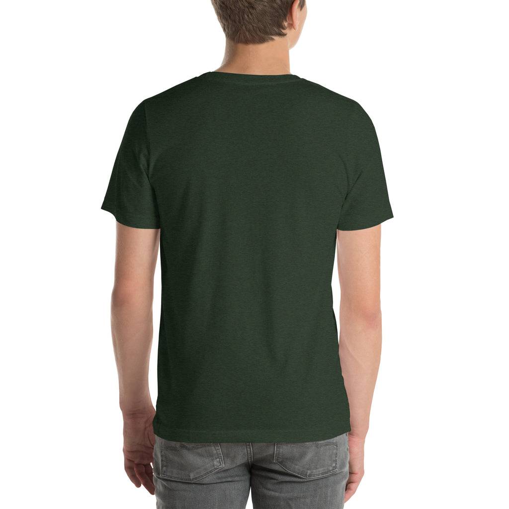 Person wearing a dark green t-shirt on a white background