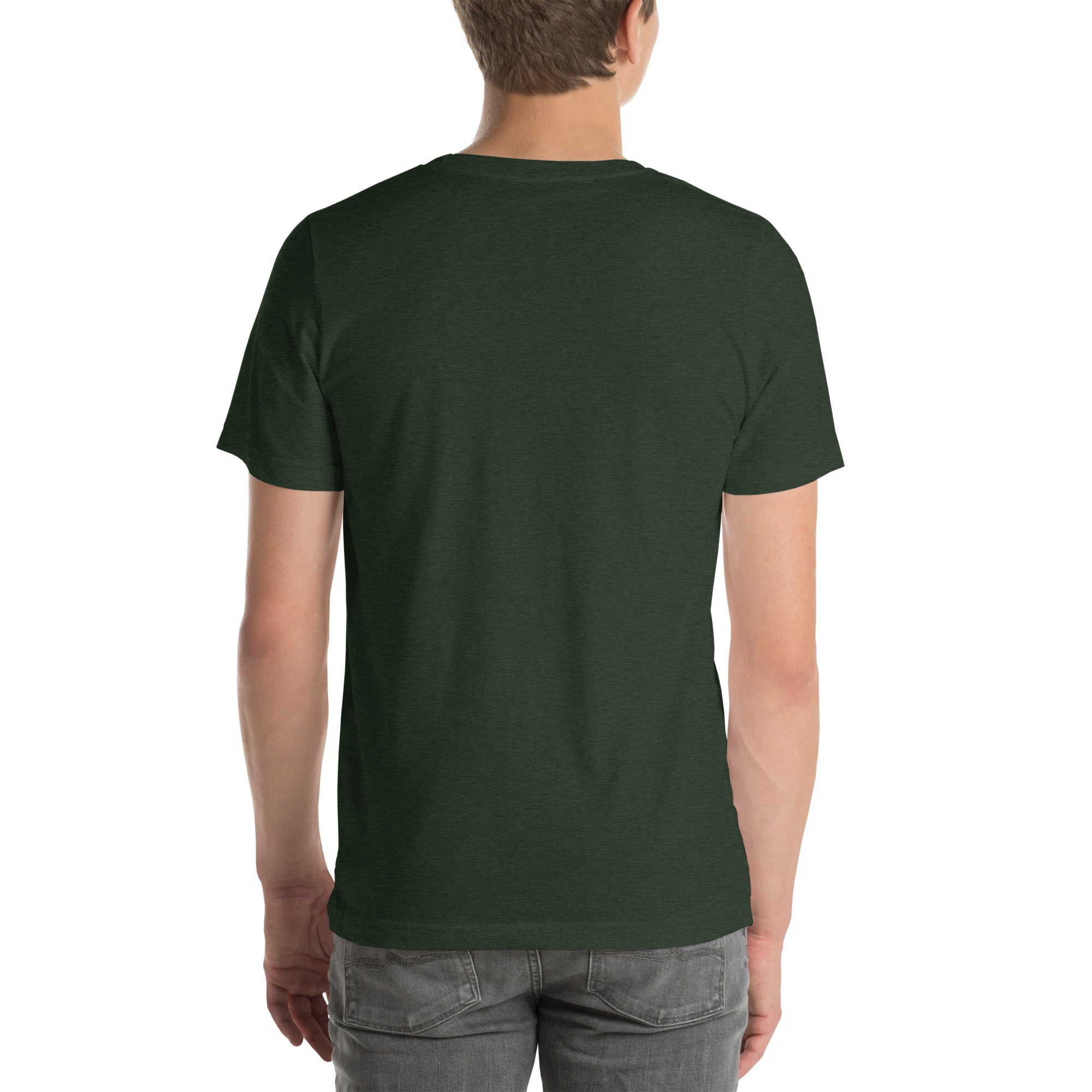 Person wearing a dark green t-shirt on a white background