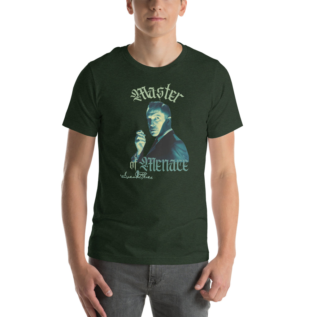 Person wearing a dark green t-shirt with a graphic design and text on a white background