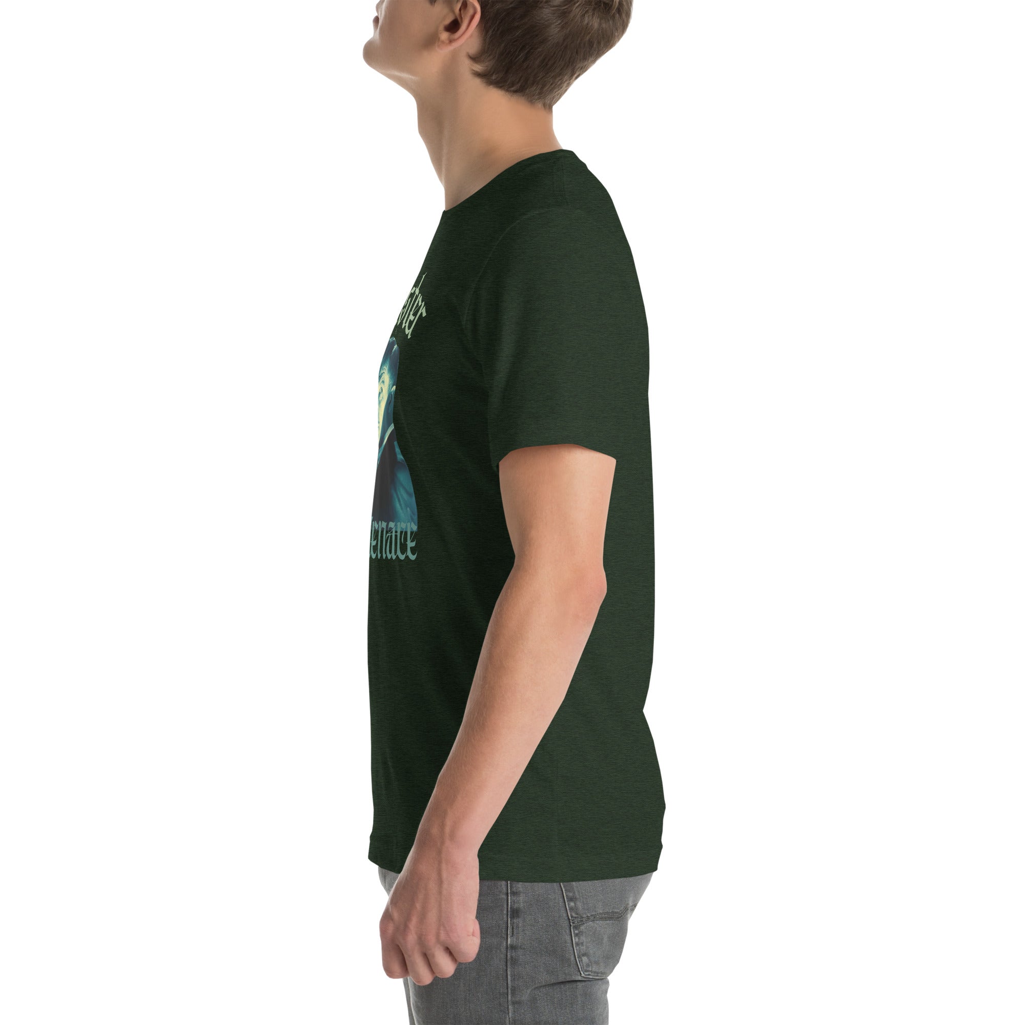 Person wearing a dark green t-shirt with a graphic design on a white background