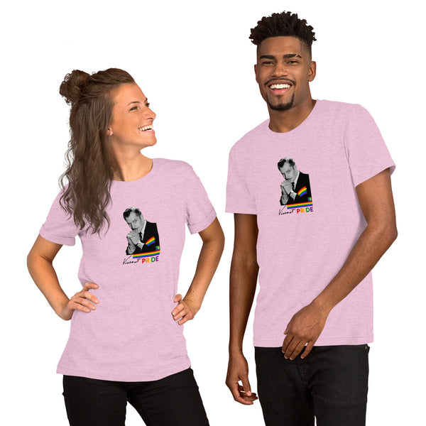 Two people wearing pink t-shirts with a graphic design on a white background