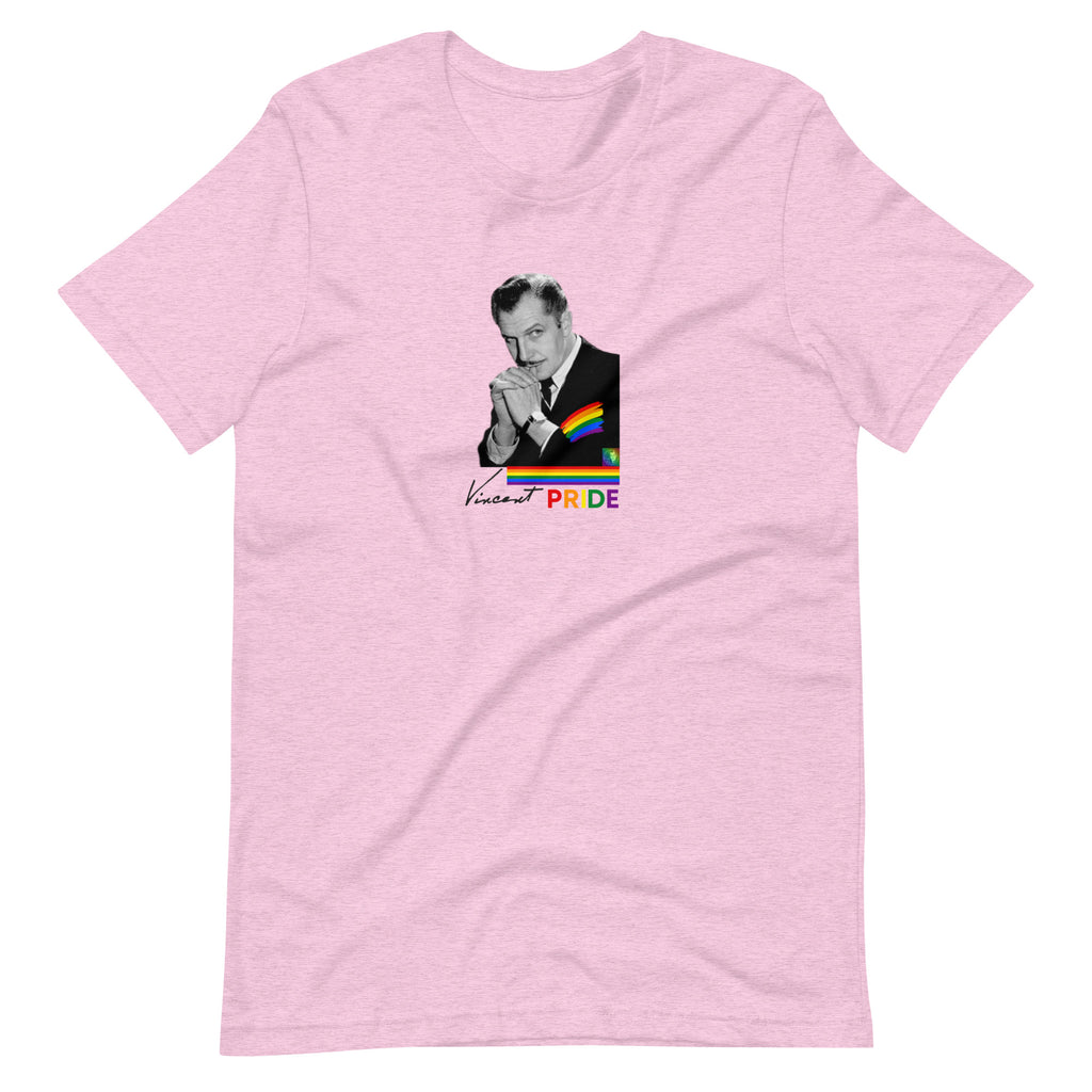 Pink t-shirt with a graphic of a person and rainbow flag, featuring the text 'Vincent PRIDE'.