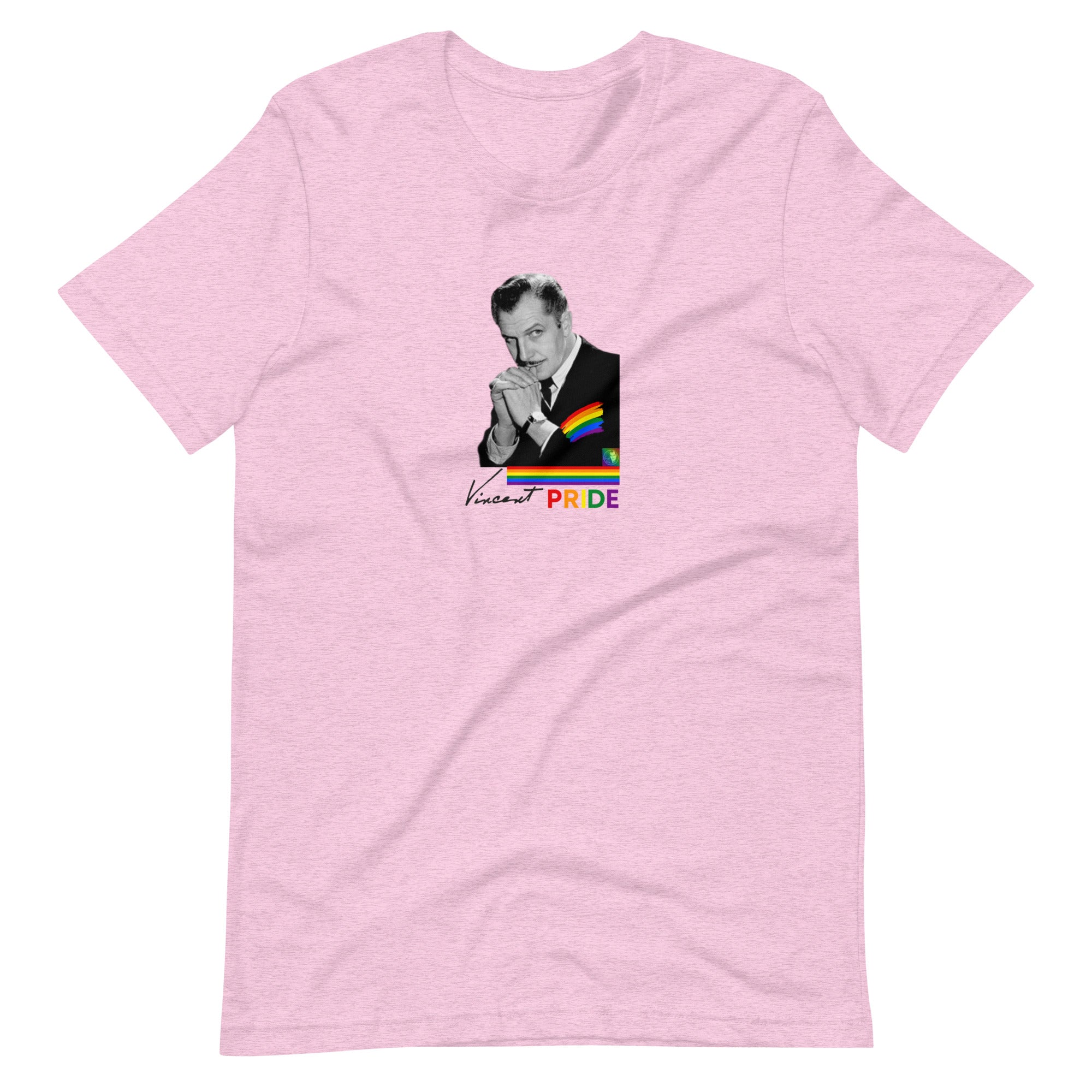 Pink t-shirt with a graphic of a person and rainbow flag, featuring the text 'Vincent PRIDE'.