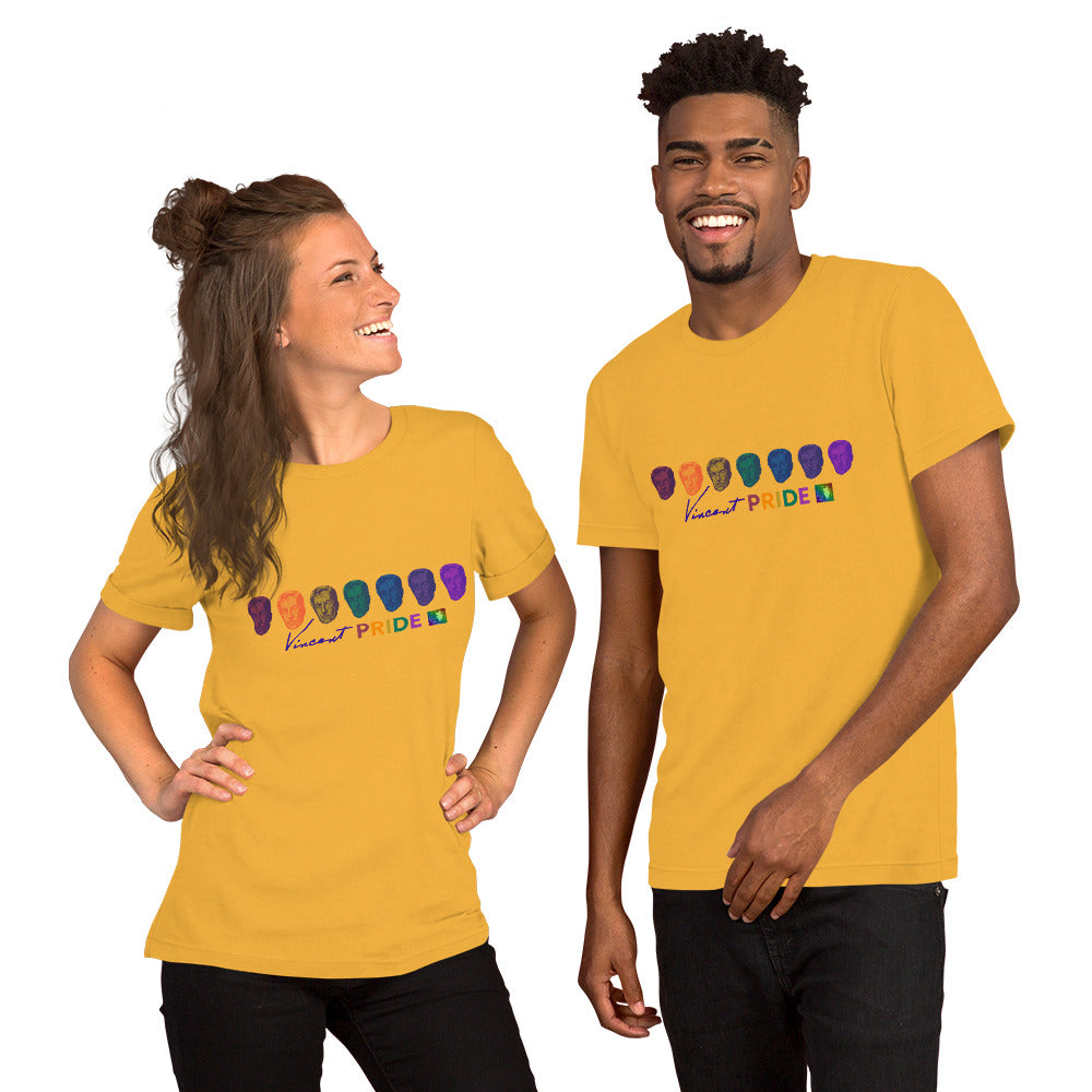 Two people wearing yellow t-shirts with a mountain design on a white background