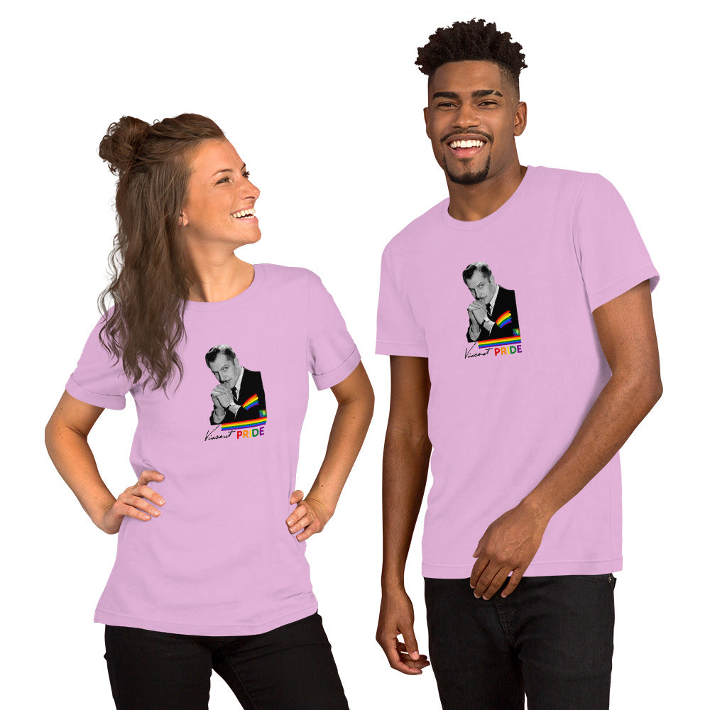 Two people wearing purple t-shirts with a graphic design on a white background