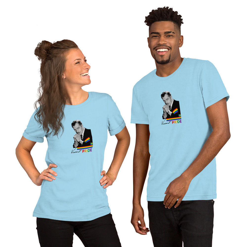 Two people wearing light blue t-shirts with 'Settle' and a cityscape design on a white background.