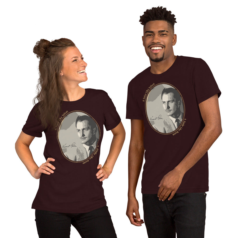 Two people wearing maroon t-shirts with vintage-style portraits on a white background