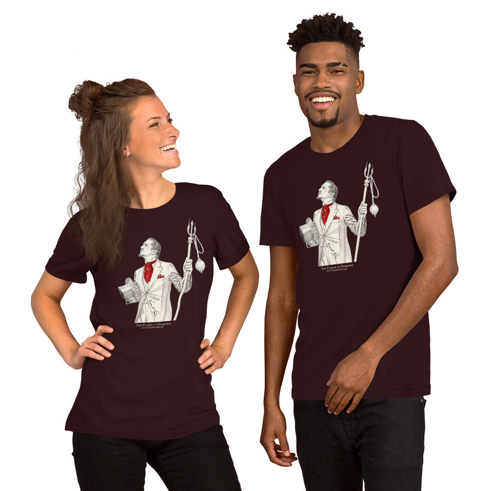 An oxblood black graphic t-shirt against a plain white background. The shirts feature a white and red illustration of Vincent Price holding a trident with a text 'THE PRINCE OF DARKNESS IS A GENTLEMAN.'