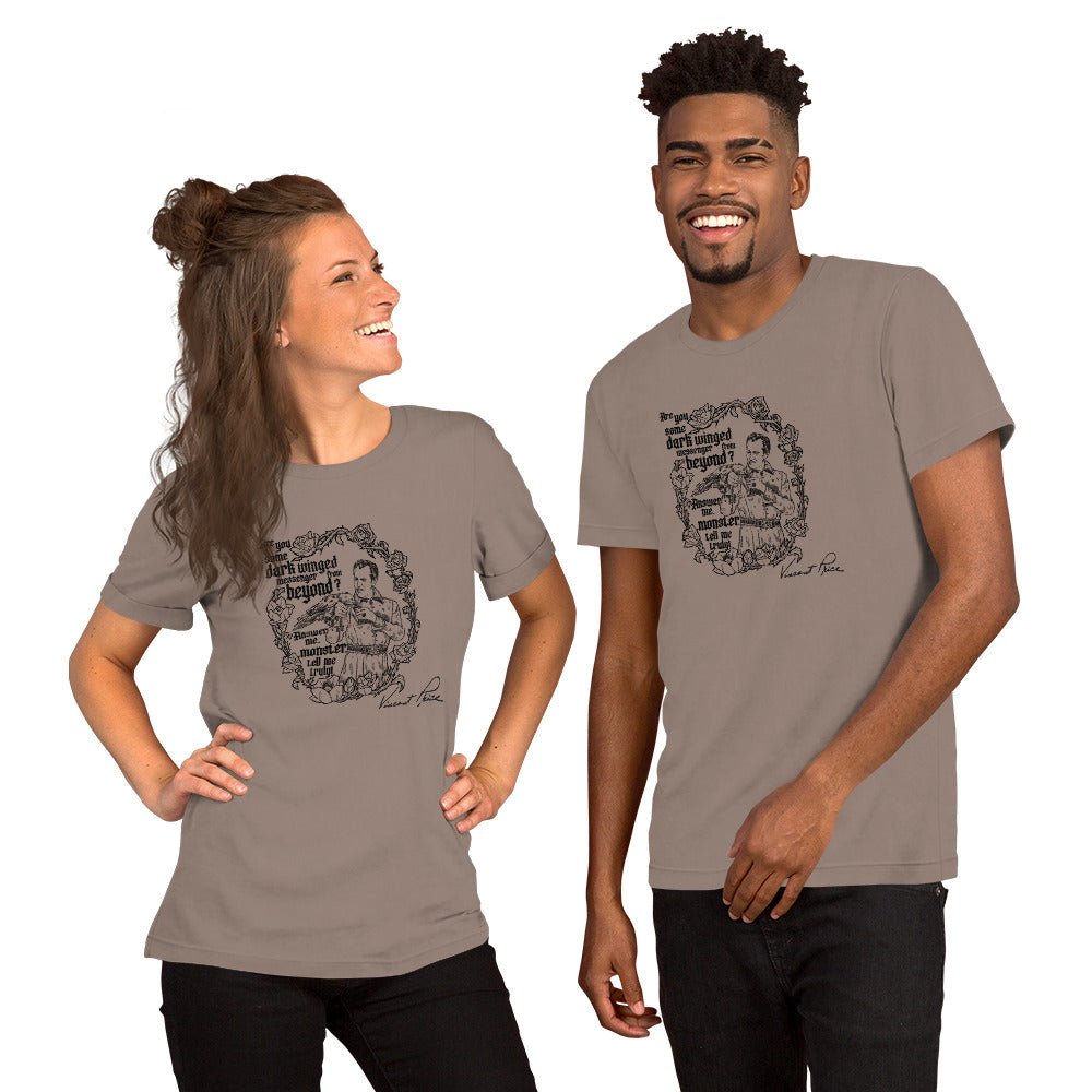 Two people wearing matching gray t-shirts with a design on a white background