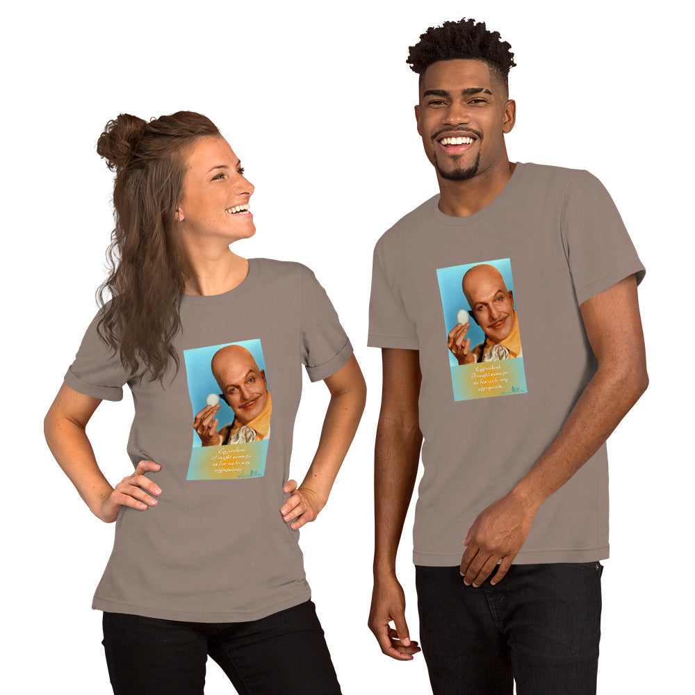 Two people wearing matching t-shirts with a graphic of a bald man on a white background
