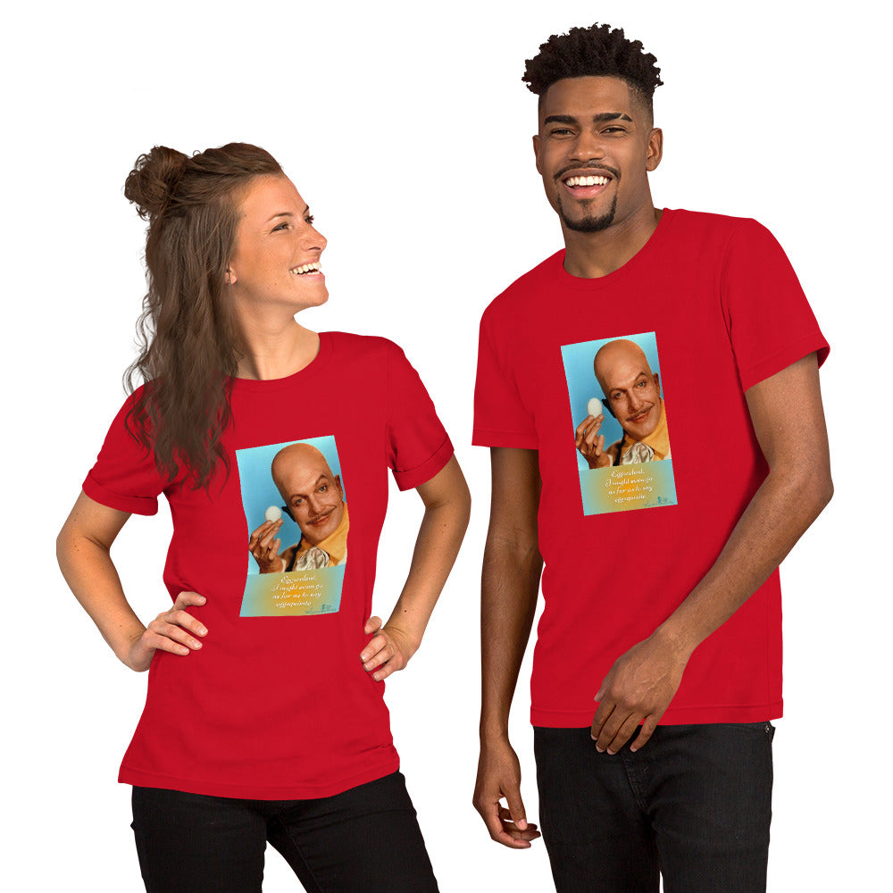Two people wearing red t-shirts with a graphic of a bald man holding an egg.