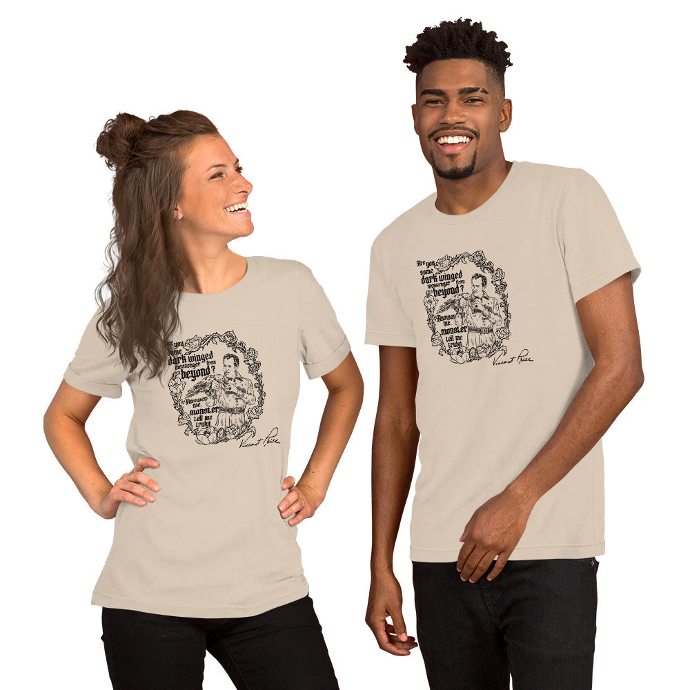 Two people wearing beige t-shirts with a graphic design on a white background