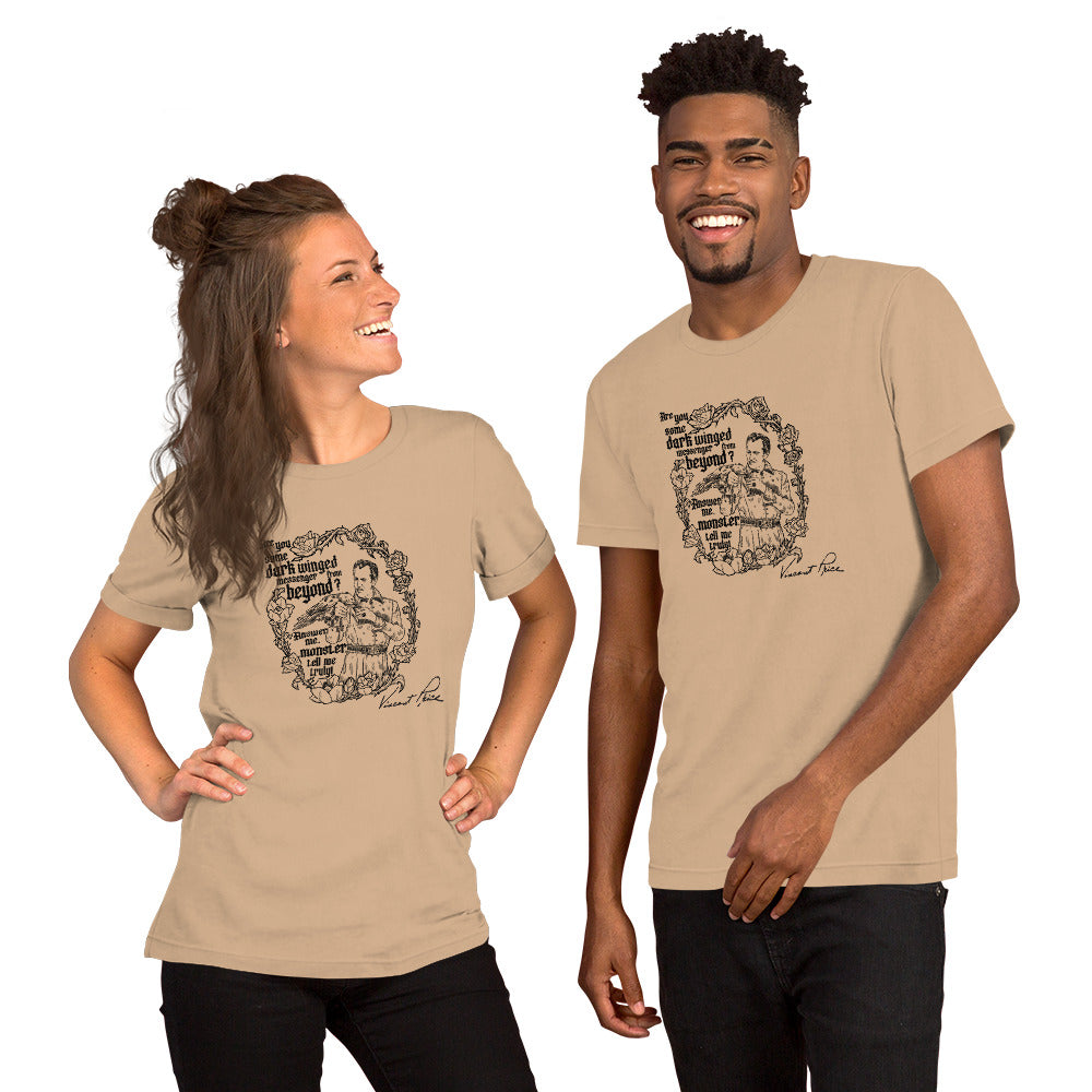 Two people wearing beige t-shirts with a graphic design on a white background