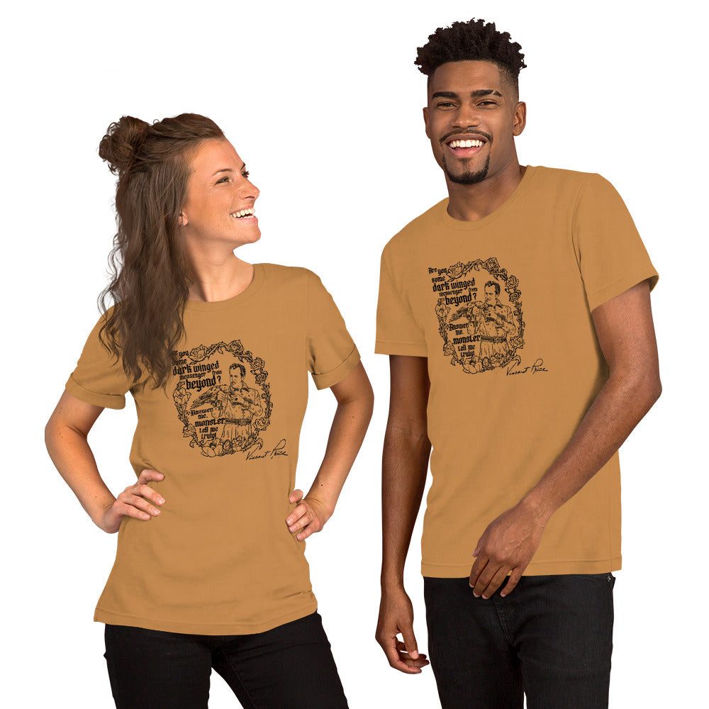 Two people wearing tan t-shirts with a graphic design on a white background