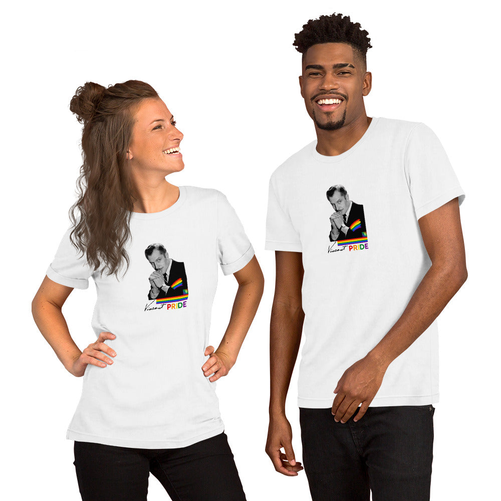 Two people wearing white t-shirts with a graphic design on a white background