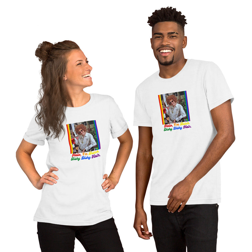 Two people wearing white t-shirts with a black graphic design on a white background