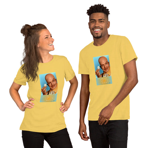 Two people wearing yellow t-shirts with a graphic of a bald man on a blue background.