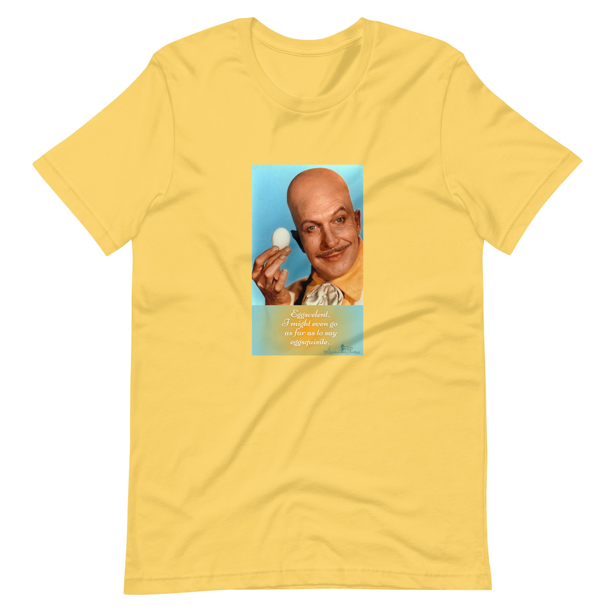 Yellow t-shirt with a graphic of a man holding an egg and text on a white background