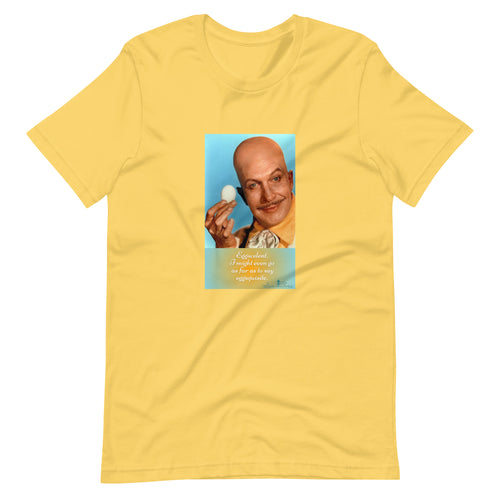 Yellow t-shirt with a graphic of a man holding an egg and text on a white background