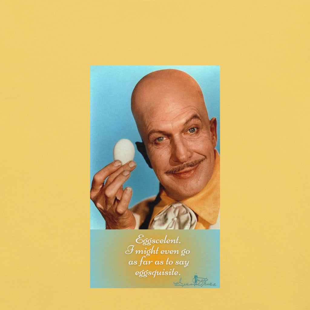 Man holding an egg with humorous text on a yellow background