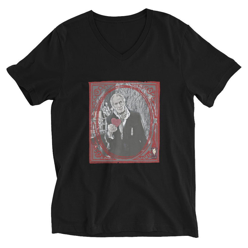 Black t-shirt with a graphic design of a person holding a heart on a white background