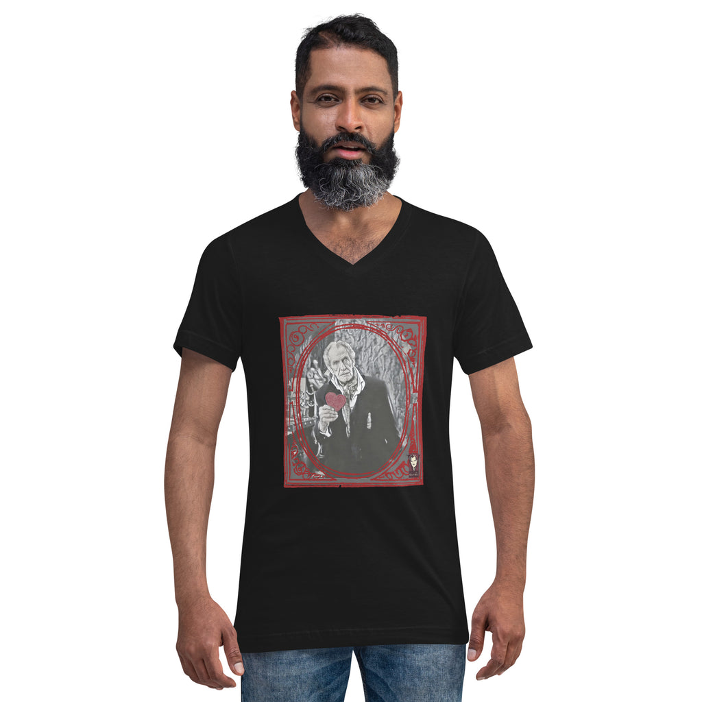 Man wearing a black t-shirt with a graphic design on a white background