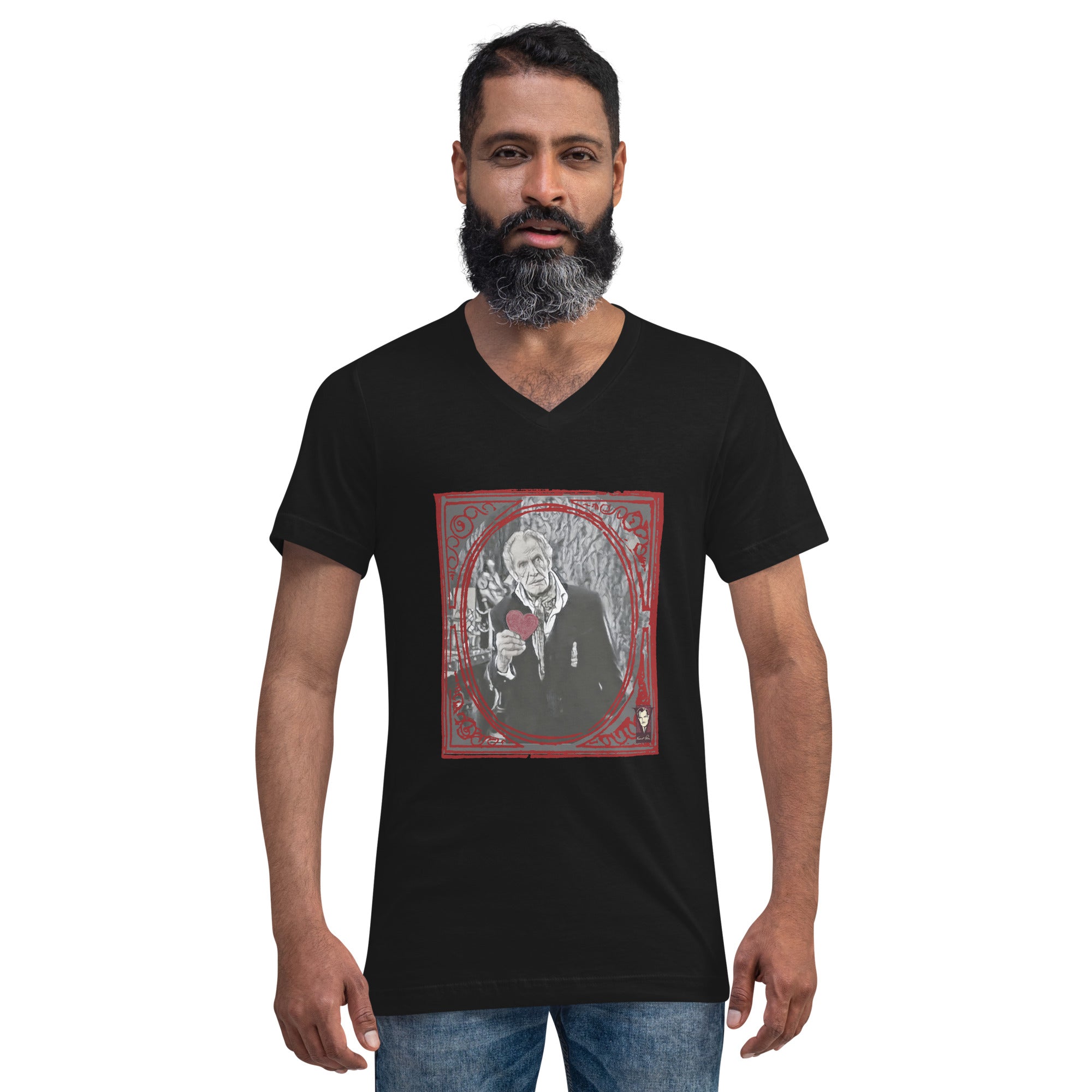 Man wearing a black t-shirt with a graphic design on a white background