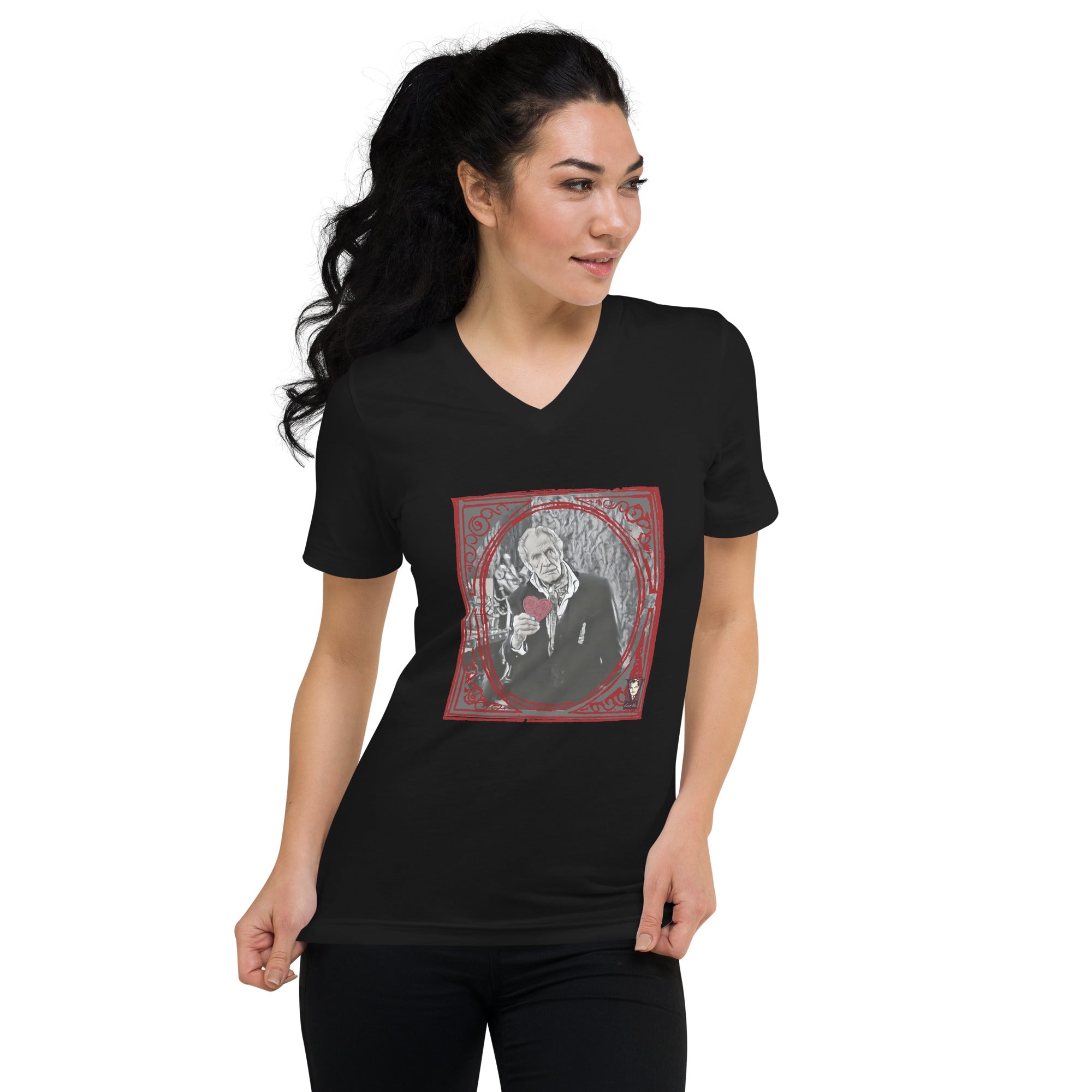 Woman wearing a black t-shirt with a white logo on a white background