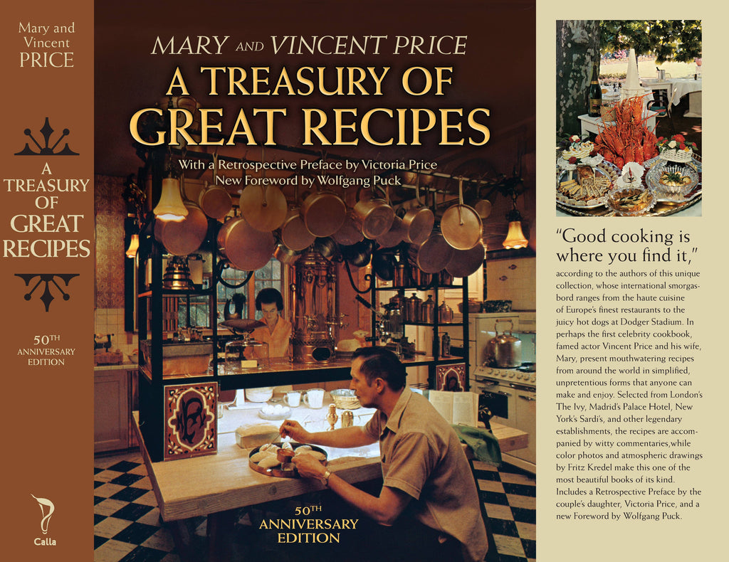 Cover of the 50th Anniversary Edition of A Treasury of Great Recipes by Mary and Vincent Price, featuring photographs and text.