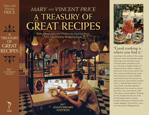 Cover of the 50th Anniversary Edition of A Treasury of Great Recipes by Mary and Vincent Price, featuring photographs and text.