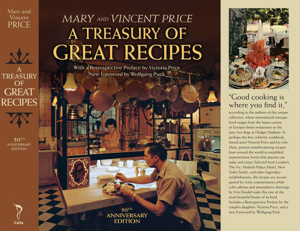 Cover of the 50th Anniversary Edition of A Treasury of Great Recipes by Mary and Vincent Price, featuring photographs and text.